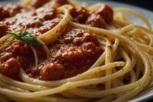 Spaghetti mit Tomate Soße und Basilikum foto