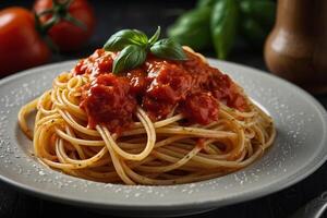 Spaghetti mit Tomate Soße und Basilikum foto