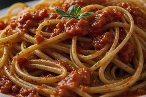 Spaghetti mit Tomate Soße und Basilikum foto