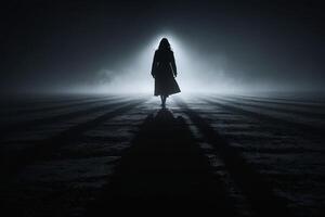 ein Frau im ein lange Kleid ist Gehen im das dunkel foto