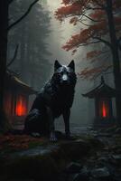 ein schwarz Wolf Sitzung im Vorderseite von ein Tempel foto