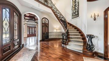 verschwenderisch und aufwendig Marmor Foyer mit atemberaubend Spiral- Treppe und elegant Leuchter im majestätisch historisch Villa foto