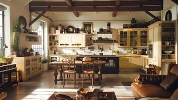 gemütlich und Begrüßung rustikal Bauernhaus Küche und Leben Zimmer mit hölzern Balken und Jahrgang Einrichtung foto