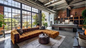 luxuriös modern industriell Dachgeschoss Leben Zimmer mit getuftet Leder Sofa und öffnen Regale foto