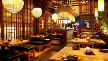 elegant japanisch inspiriert Restaurant Innere mit warm Beleuchtung und traditionell Einrichtung foto