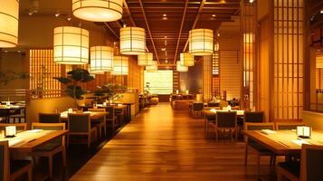 gemütlich und elegant japanisch inspiriert Restaurant Innere mit warm Beleuchtung und traditionell Dekor foto