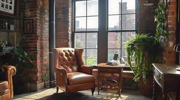 gemütlich und einladend Loft-Stil Wohnung Innere mit Backstein Wände und Jahrgang Leder Sessel foto