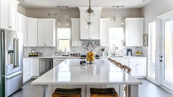 elegant und funktional modern Weiß Küche mit rostfrei Stahl Geräte, Marmor Arbeitsplatten und reichlich Möbel Lager foto