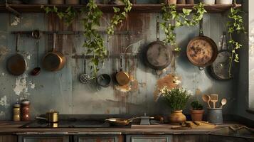 gemütlich rustikal Küche gefüllt mit Jahrgang Kochen Utensilien und Zimmerpflanzen foto