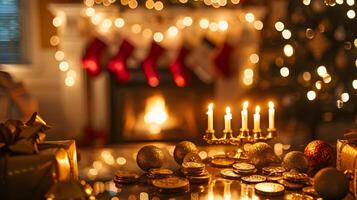 gemütlich und elegant Weihnachten Zuhause Innere mit glühend Kerzenständer, Ornamente und festlich foto