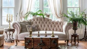 elegant und gemütlich Leben Zimmer mit getuftet Sofa, Vintage Kofferraum Tisch und üppig Grün Akzente foto