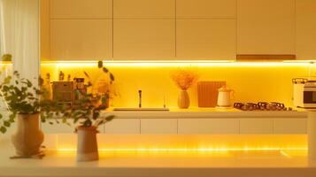warm und Begrüßung zeitgenössisch Küche mit glatt Möbel und strategisch platziert Beleuchtung foto