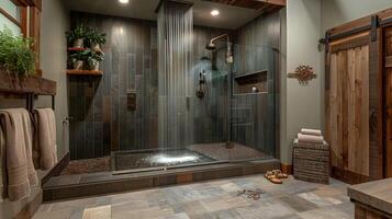 heiter und luxuriös Badezimmer Heiligtum mit natürlich Elemente und modern Design foto