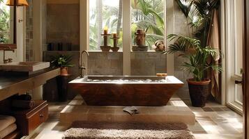 heiter und luxuriös tropisch Badezimmer Heiligtum mit natürlich Elemente und still Ambiente foto