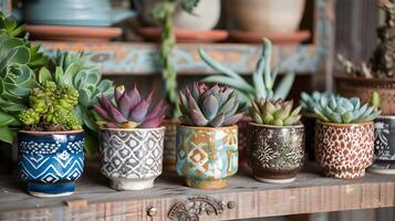 schön vereinbart worden Sortiment von gedeihen saftig Pflanzen im dekorativ Keramik Töpfe auf rustikal hölzern Regale foto
