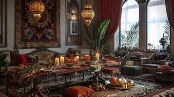 aufwendig orientalisch Leben Zimmer mit kompliziert Dekor und warm, einladend Ambiente foto