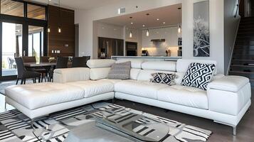 glatt und stilvoll modern Leben Zimmer mit einladend Schnitt Sofa und minimalistisch Dekor foto