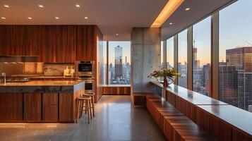 Luxus modern Küche und Leben Bereich mit Panorama- Stadt Horizont Aussicht beim Sonnenuntergang im ein Hochhaus Wohn Wohnung Gebäude foto