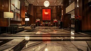 großartig Marmor Empfangshalle von exklusiv Luxus Hotel ausströmend Opulenz und Prämie Gastfreundschaft Erfahrung foto