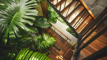 üppig Innen- tropisch Garten Oase mit hölzern Treppe und Geländer im gemütlich, abgelegen Heiligtum foto