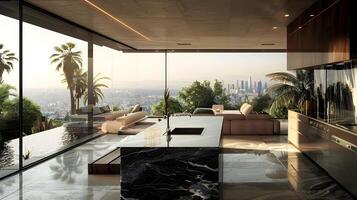 expansiv Luxus Penthouse mit Panorama- Stadt Horizont Aussicht und üppig tropisch Schwimmbad Terrasse foto