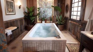luxuriös und gemütlich rustikal Badezimmer Oase mit Badewanne und üppig Grün foto