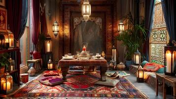 aufwendig dekoriert exotisch marokkanisch inspiriert Leben Zimmer mit aufwendig Einrichtung, warm Beleuchtung, und üppig Textilien foto