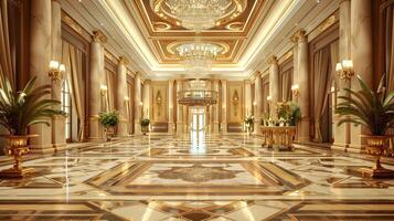 majestätisch und aufwendig Marmor bodenständig Eingang Halle von ein luxuriös Barock-Stil Palast oder Villa mit grandios Leuchter und Zier Säulen foto