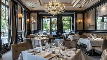 elegant und anspruchsvoll Restaurant Innere präsentieren luxuriös Essen Erfahrung mit Kronleuchter, gehobene Einrichtungsgegenstände und raffiniert Ambiente foto