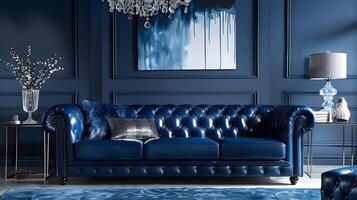 luxuriös Blau Samt Chesterfield Sofa im elegant modern Leben Zimmer mit Leuchter und Kunstwerk foto