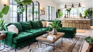luxuriös und still modern Leben Zimmer mit üppig Grün und neutral Einrichtung zum ein heiter und einladend Atmosphäre foto