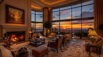 luxuriös Leben Zimmer mit Panorama- Berg und See Aussicht beim Sonnenuntergang foto