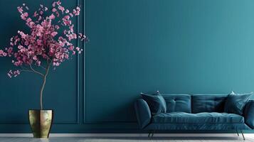 elegant und gemütlich Blau blaugrün Samt Sofa im Luxus zeitgenössisch Leben Zimmer mit Blühen Blumen- Baum Anordnung foto