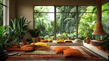 gemütlich tropisch Gewächshaus Oase mit Plüsch Kissen und üppig Laub zum Entspannung und Meditation foto