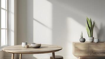 gemütlich und einladend minimalistisch Leben Raum mit hölzern Möbel und üppig Grün foto