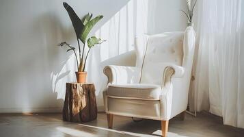 gemütlich und einladend Leben Zimmer mit elegant Sessel und natürlich Dekor foto