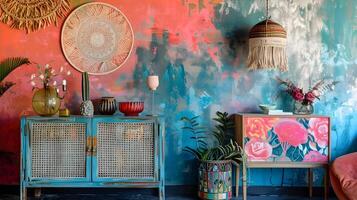 beschwingt und eklektisch tropisch Boho-inspiriert Zuhause Dekor Styling foto