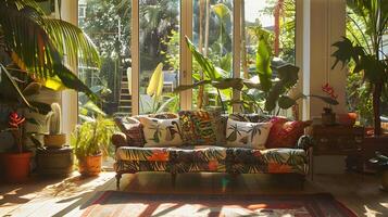 gemütlich und einladend tropisches Thema Leben Zimmer mit üppig Grün und Plüsch Einrichtung gebadet im natürlich Sonnenlicht foto