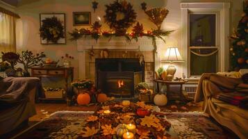 gemütlich Herbst Kamin Szene mit saisonal Dekor und heimelig Ambiente foto