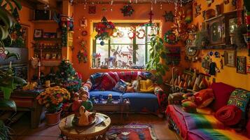 gemütlich Bohemien eklektisch Zuhause Innere mit beschwingt Dekor und personalisiert berührt foto