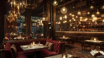 gemütlich und einladend gehoben Bar und Restaurant Innere Design mit warm Beleuchtung und rustikal Jahrgang Dekor foto