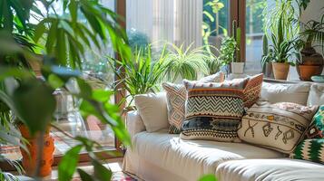 gemütlich und einladend Leben Zimmer mit üppig Grün und komfortabel Einrichtung foto