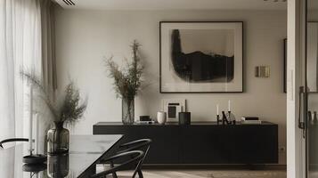 harmonisch einfarbig Innenräume mit kuratiert minimalistisch Dekor und Kunstwerk foto