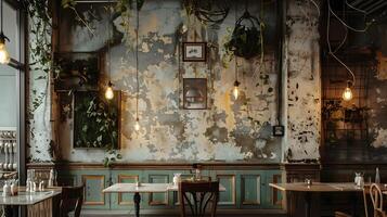 zauberhaft rustikal Cafe Ambiente mit verwittert Dekor und gemütlich Atmosphäre foto