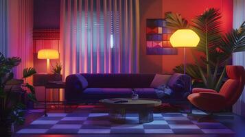 fesselnd Retro-futuristisch Leben Zimmer Szene mit beschwingt Neon- Akzente und surreal Ambiente foto