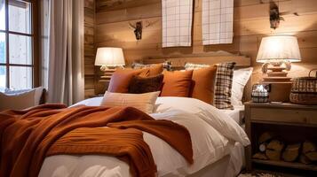 gemütlich rustikal Schlafzimmer im charmant Log Kabine Rückzug foto
