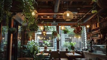 gemütlich und einladend rustikal Restaurant Innere mit warm Beleuchtung und üppig Grün foto