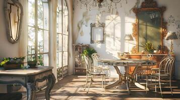 elegant und raffiniert Essen Zimmer ausströmend ein gemütlich Ambiente von Jahrgang Charme foto