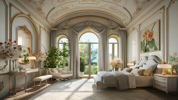 luxuriös Barock-Stil Schlafzimmer mit aufwendig Leuchter und atemberaubend Blumen- Kunstwerk foto