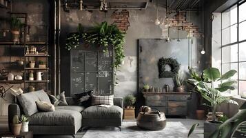 gemütlich industriell Loft-Stil Leben Zimmer mit rustikal Dekor und grün Akzente foto
